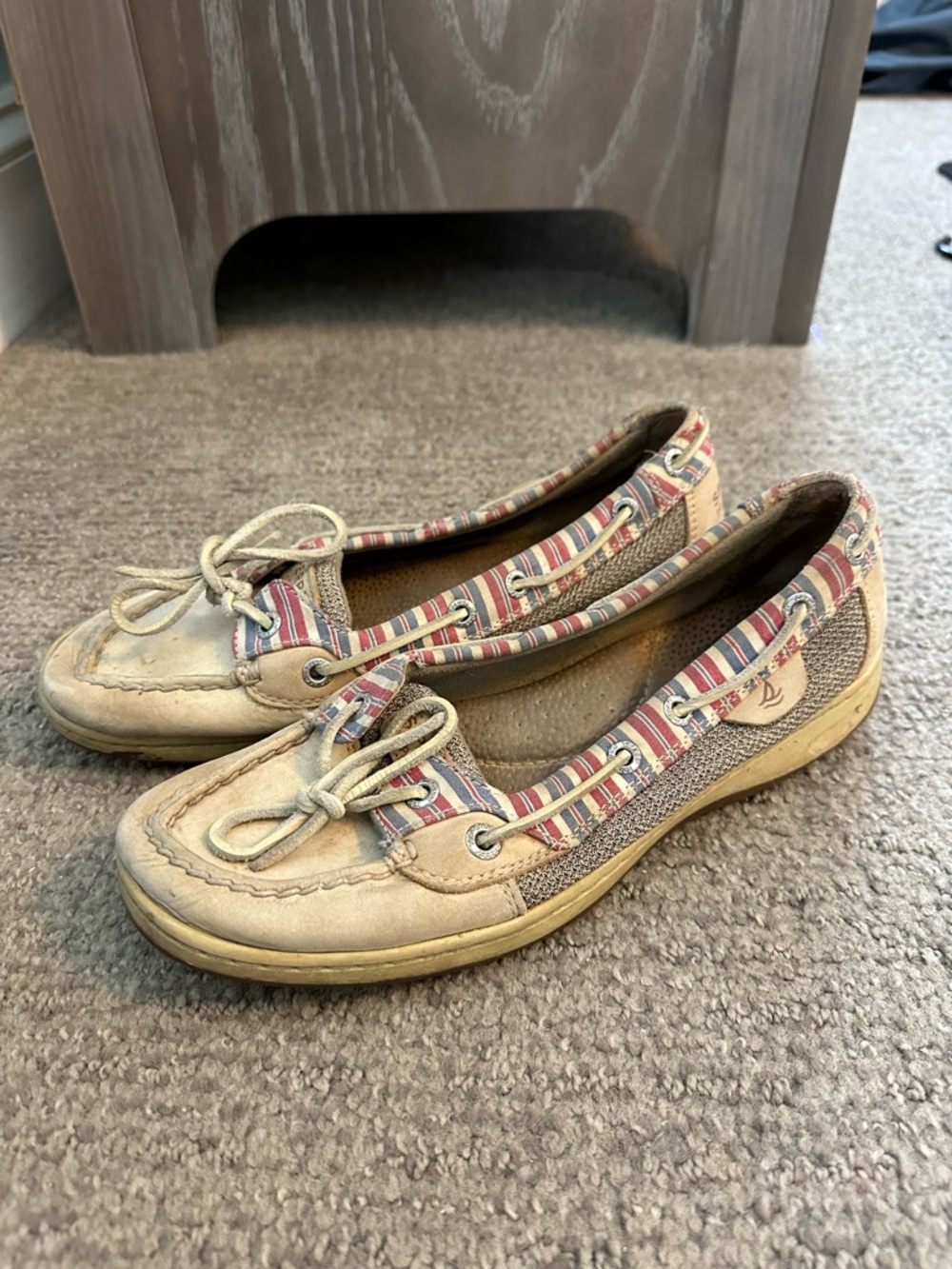 Sperry Beige Moccasin Boat Shoes with Red-Striped Trim